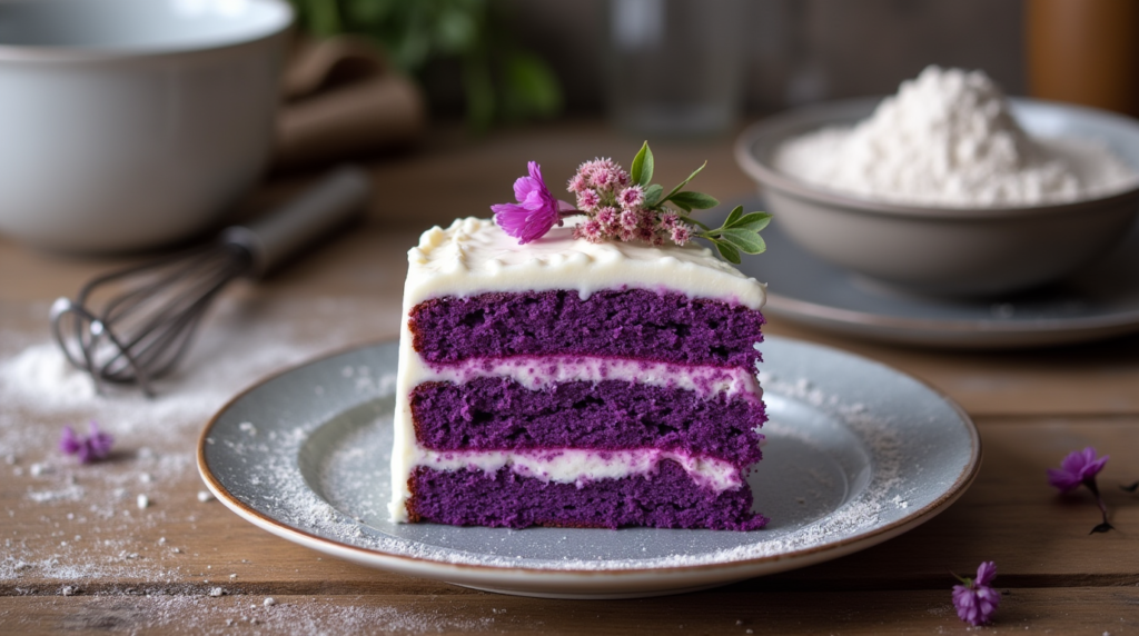 Slice of moist purple velvet cake with cream cheese frosting on a decorative plate, showcasing its vibrant color and smooth texture