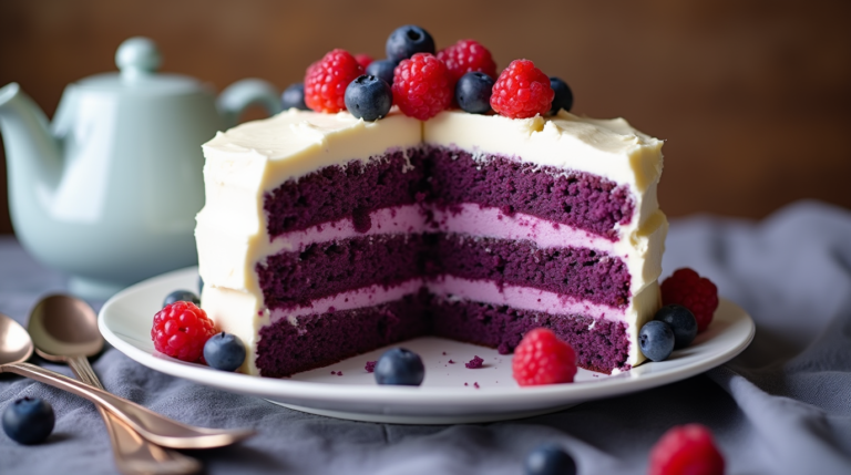 Slice of moist purple velvet cake with cream cheese frosting on a decorative plate, showcasing its vibrant color and smooth texture