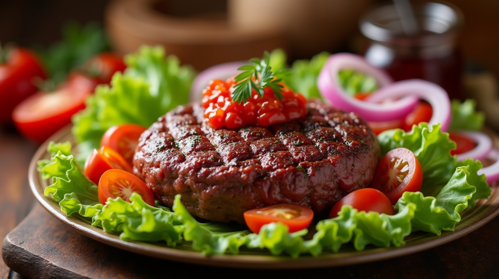 Close-up of a sizzling Wagyu ground beef patty cooking in a cast-iron skillet, showing the rich marbling and juicy texture. The patty is seasoned with salt and pepper, with a golden-brown crust forming on the outside.